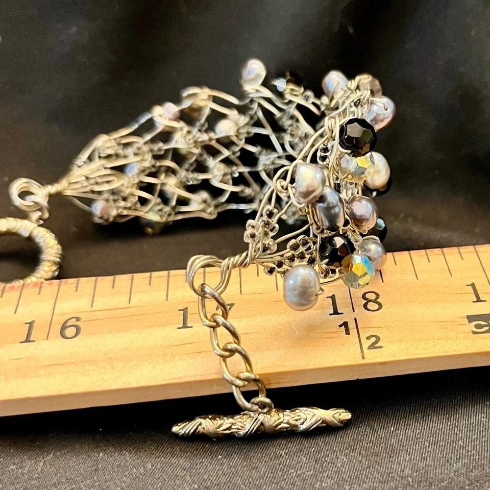 Vintage Handmade Wire Wrapped Bracelet Freshwater Pearl Aurora Borealis Bead Art
